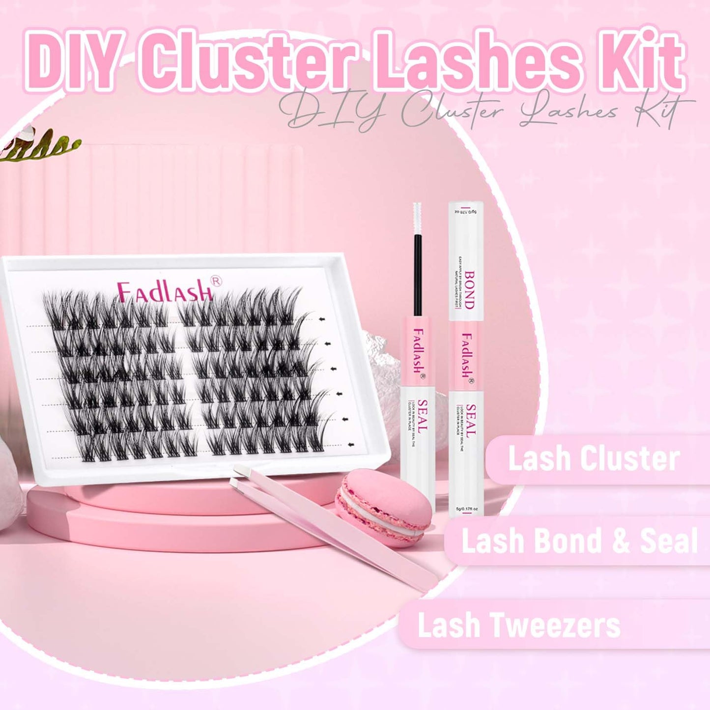 FADLASH Cat Eye DIY Lash Extension Kit Lash Clusters Kit Individual Lashes with Lash Bond and Seal Lash Tweezers Cluster Eyelash Extensions Kit Eyelash Clusters Wispy Cluster Lashes Natural (KIT T02)