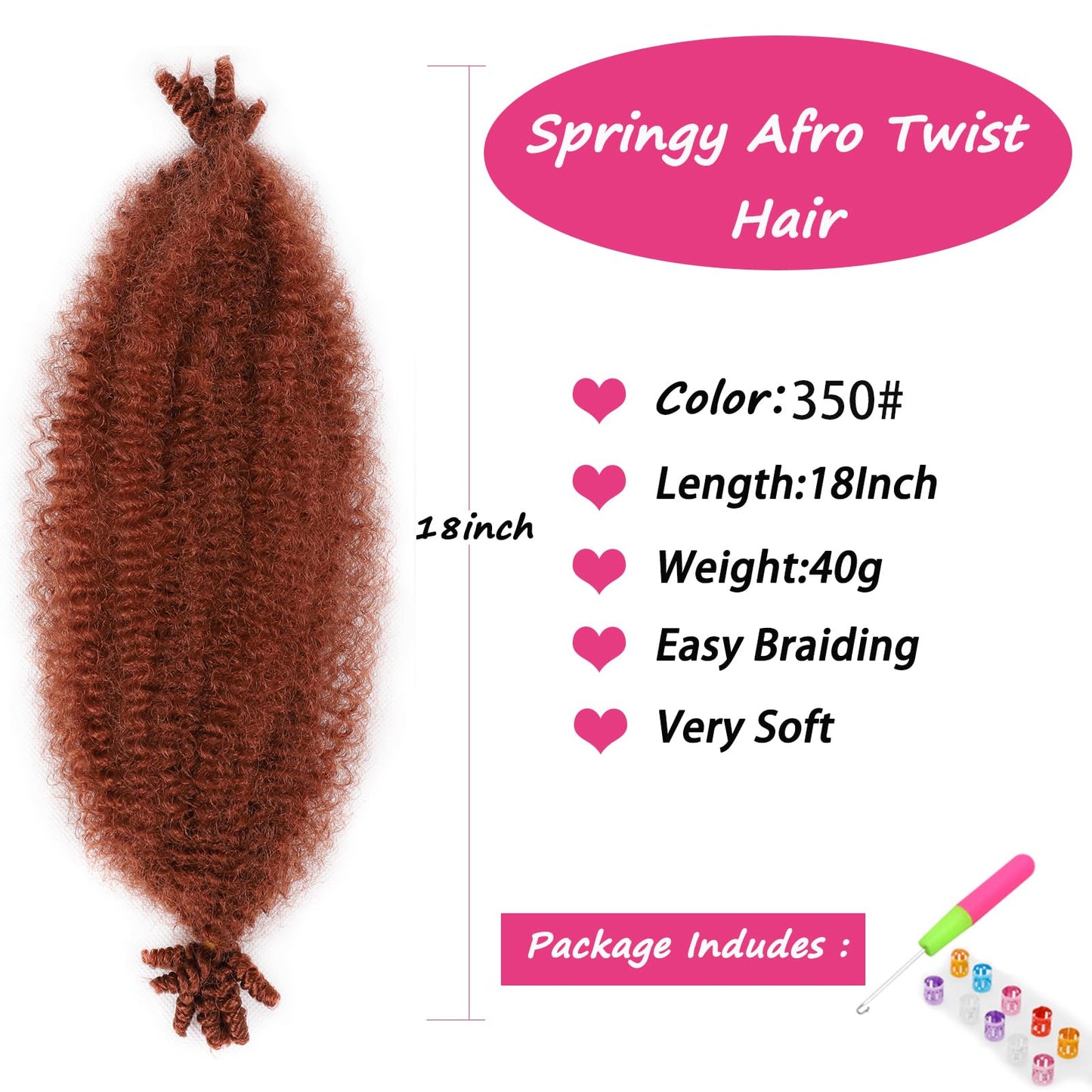 Springy Afro Twist Hair 8 Packs 350# Pre-Separated Marley Twist Braiding Hair Suitable for Damaged Kinky Afro Twist Hair chromatism Synthetic Wrapping Hair for Soft Locs Hair Extensions 18 Inch