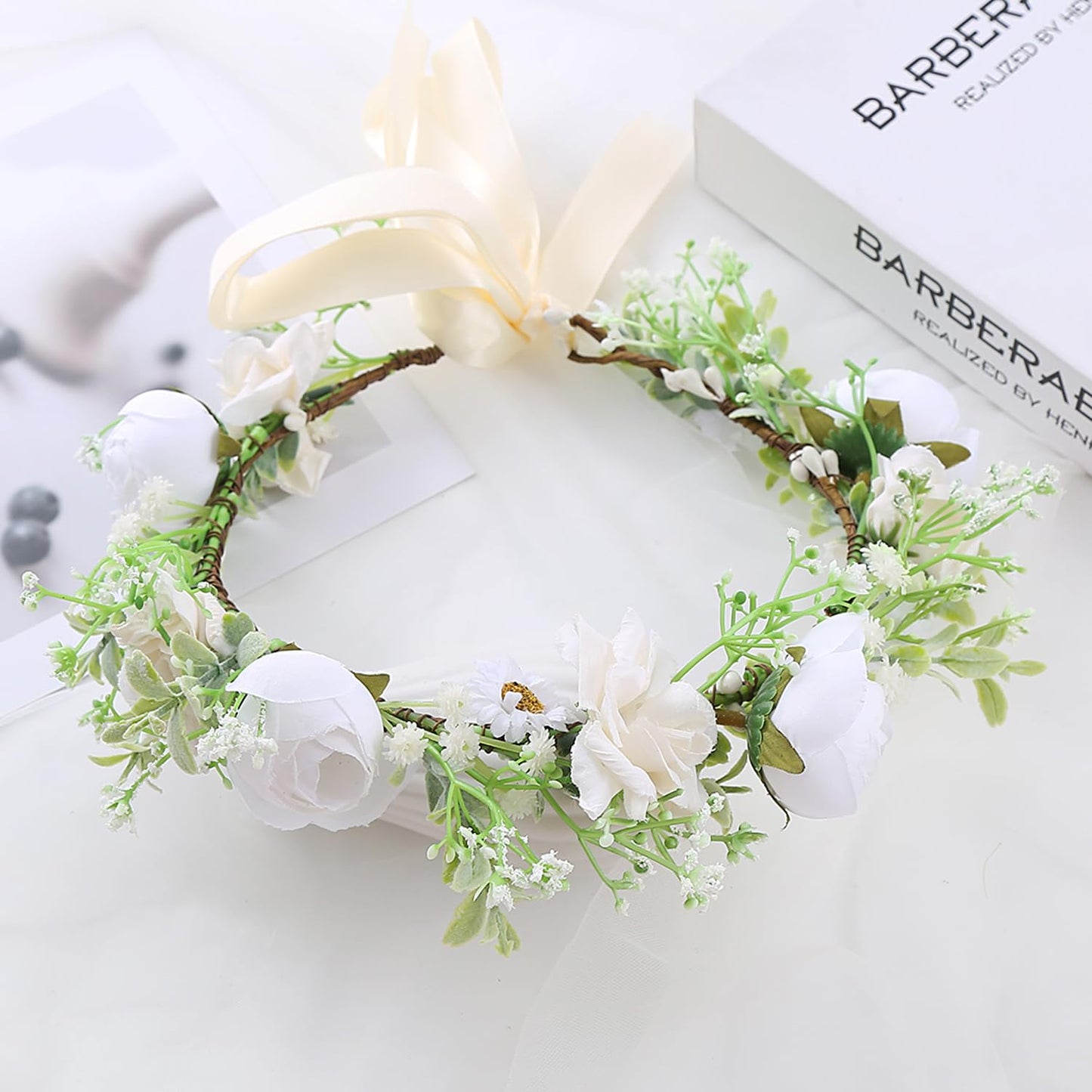 YnimioAOX Handmade Adjustable Flower Wreath Headband Halo Floral Crown Garland Headpiece,EAD3201-white