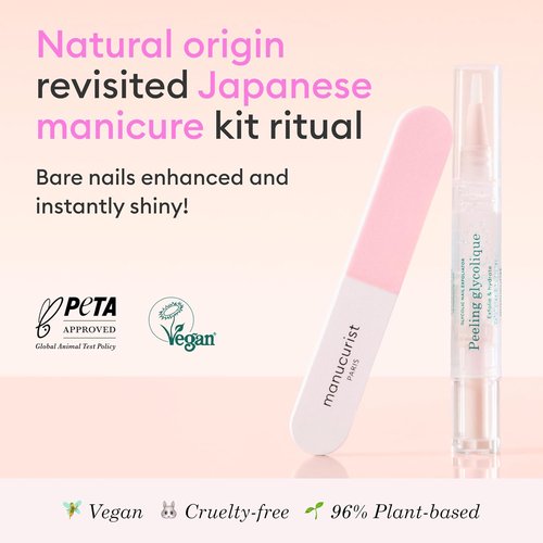 Manucurist Japanese Manicure Kit - Natural Glycolic Exfoliating Peel & Nail Buffer Block | Achieve Shiny Nails Without Polish