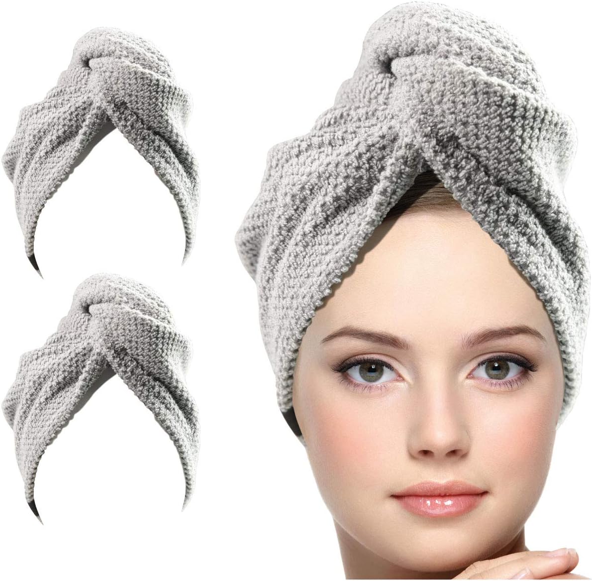 KEEPOZ Hair Towel Wrap Quick Dry 100% Cotton Super Absorbent Turban Head Wrap for Women with Button, Non Microfiber Anti Frizz Hair Cap for Curly, Long & Thick Hair (Grey Check, 2 Pcs)