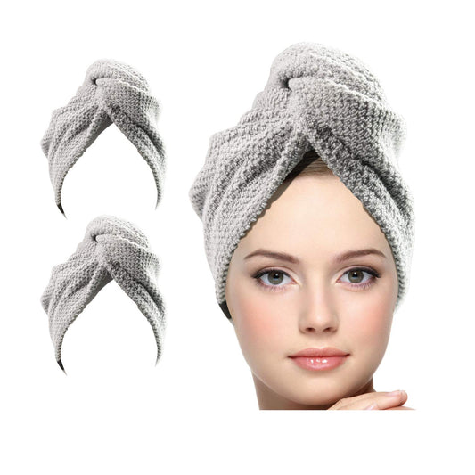 KEEPOZ Hair Towel Wrap Quick Dry 100% Cotton Super Absorbent Turban Head Wrap for Women with Button, Non Microfiber Anti Frizz Hair Cap for Curly, Long & Thick Hair (Grey Check, 2 Pcs)