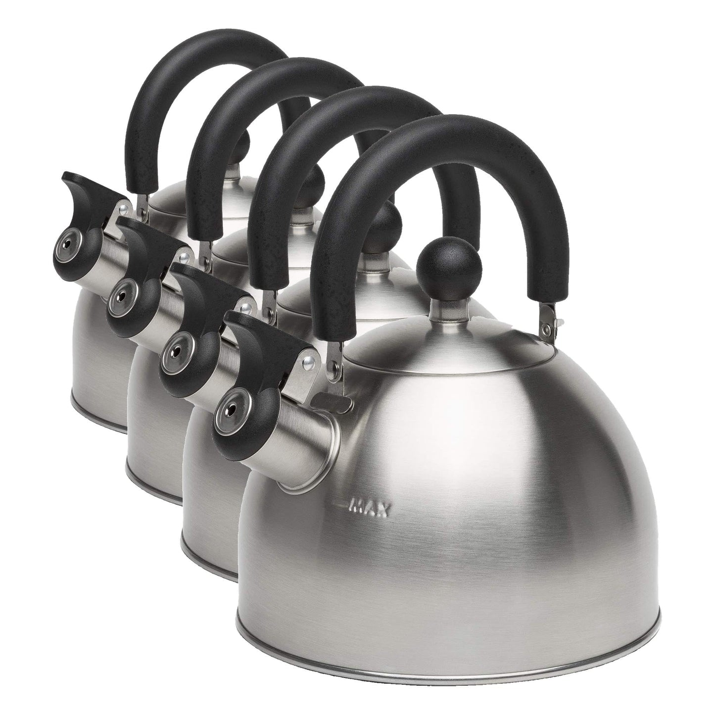 Primula Stewart Whistling Stovetop Tea Kettle Food Grade Stainless Steel, Hot Water Fast to Boil, Cool Touch Folding, 1.5-Quart, Brushed with Black Handle