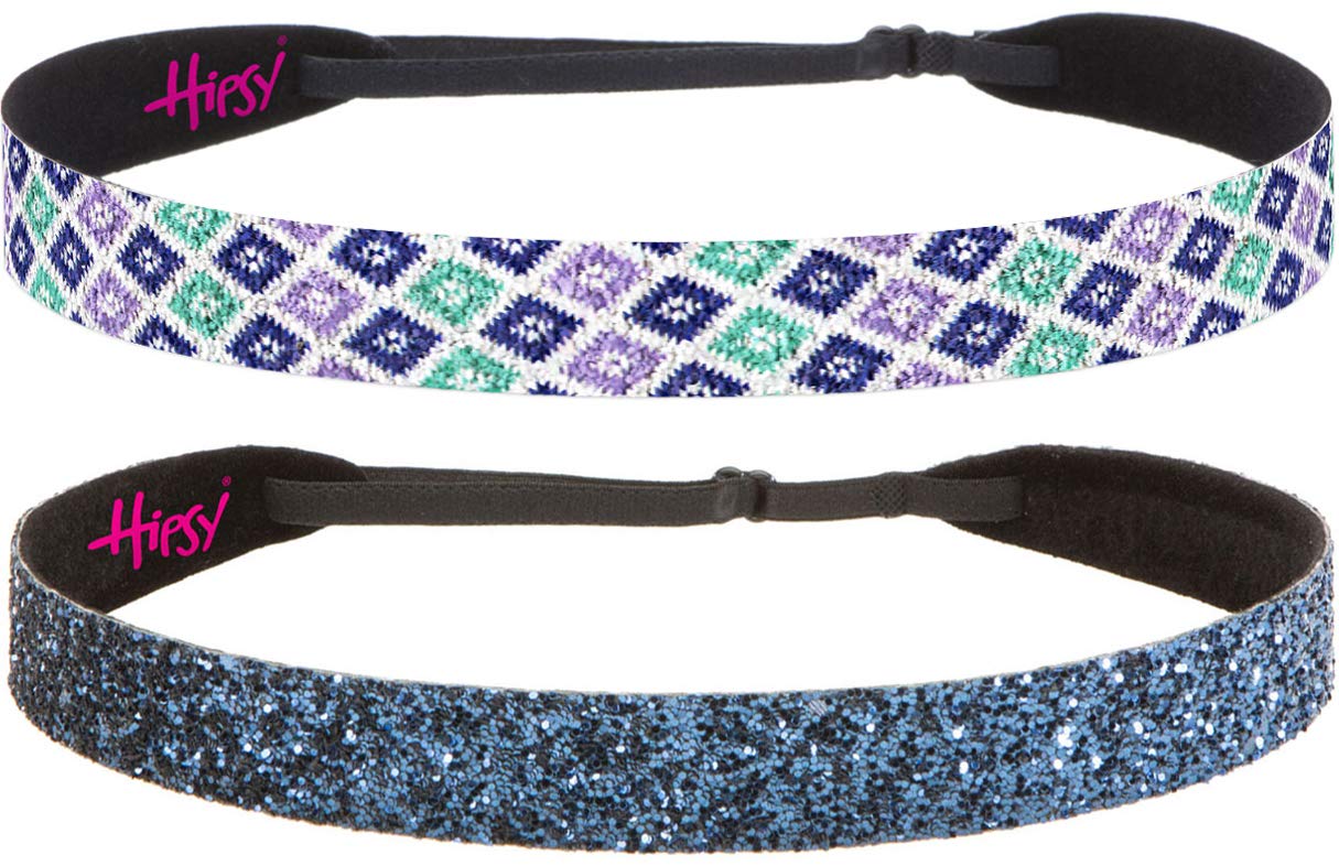 Hipsy Women's Adjustable Cute Fashion Sparkly Diamonds Headbands Hairband Multi Pack (2pk Navy & Navy Multi Sparkly Diamonds)