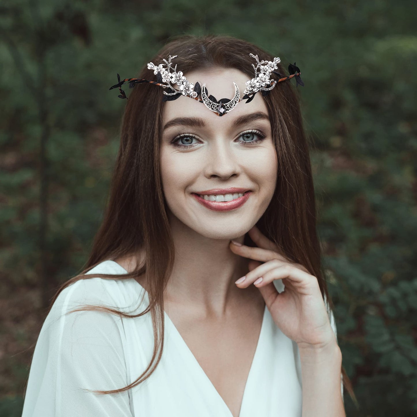 MOSTORY Elf Forest Fairy Headpiece Moon Floral Headband Woodland Elven Crown Black Leaves Circlet Peach Flower and Crystal Hair Wreath for Women Girls Cosplay Halloween Birthday Wedding