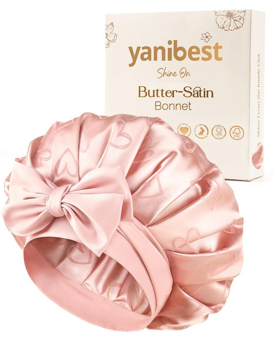 YANIBEST Adjustable Satin Bonnet for Sleeping, Double Layer Silk Bonnet with Tie Band for Women, Sleep Cap Curly Natural Hair, Pink