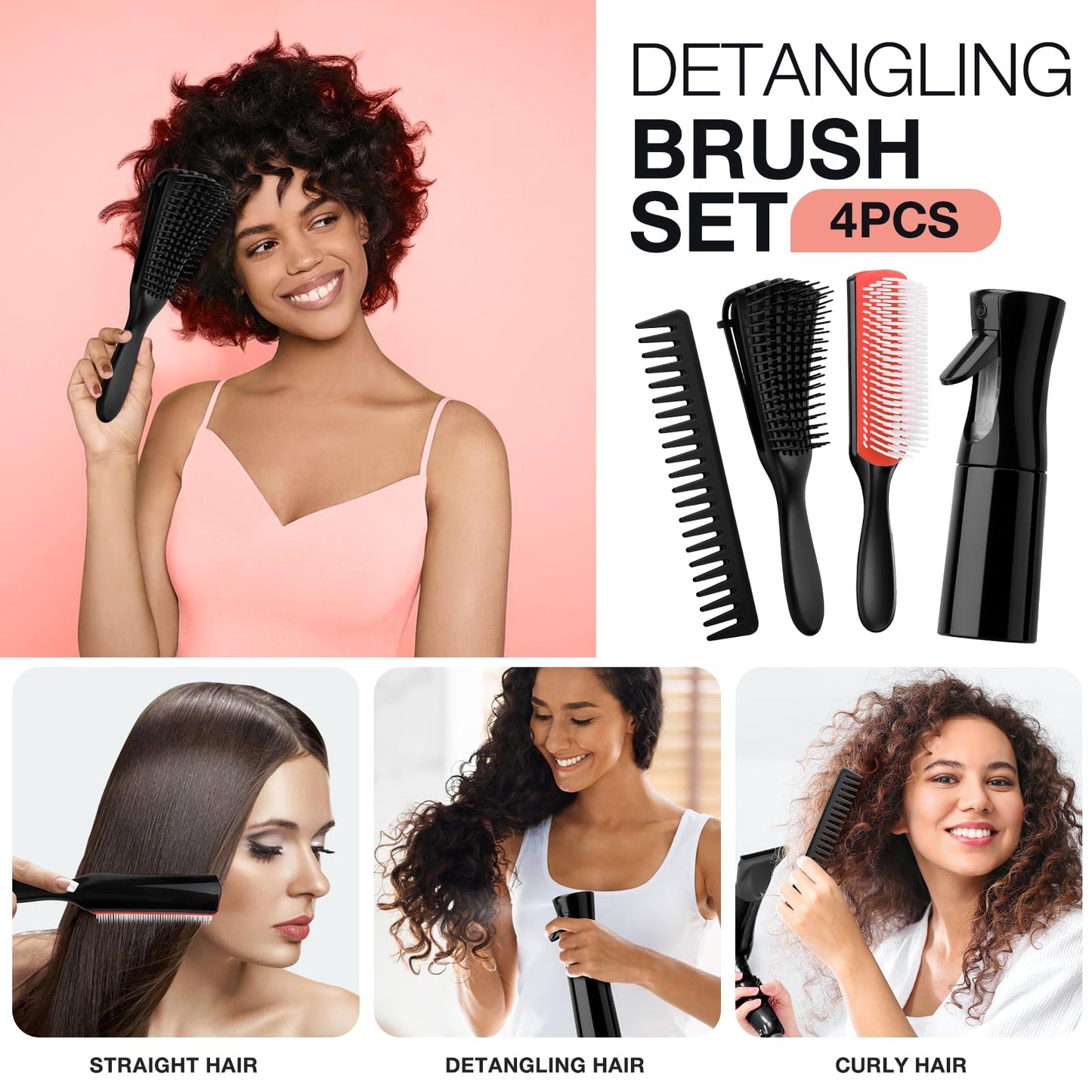 Hommtina Detangling Brush Set with Hair Spray bottle, Hair Brushes for Women and Kids Curly Hair (3 PCS, Black+Red)