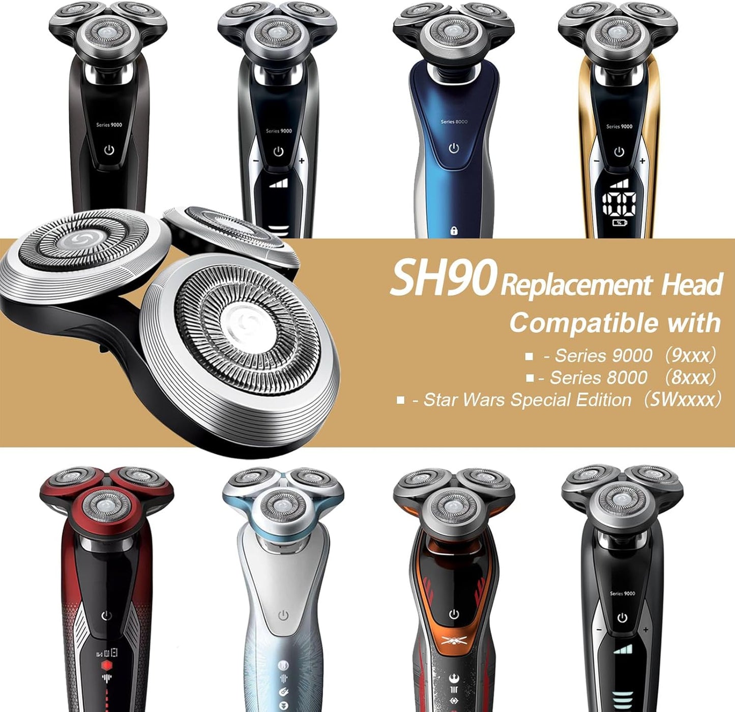 SH90 Shaver Replacement Heads - Compatible with Philips 9000 Series S9531, S9721/84, S9511, S8950