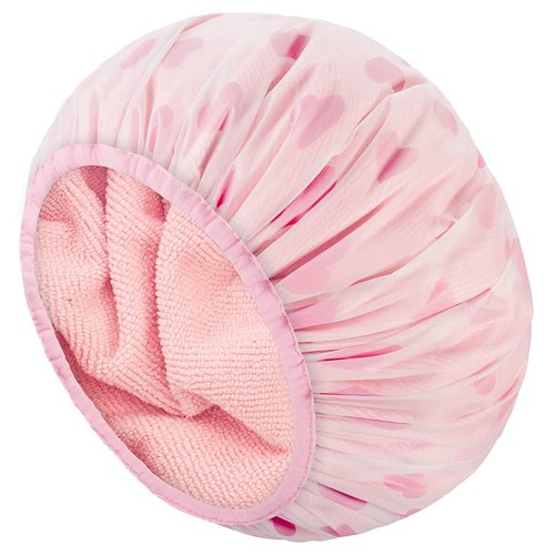 Auban Shower Cap - Reusable Double Layer Waterproof Terry Cloth Lined | Large Pink Bath Hair Cap