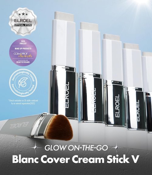 ELROEL Blanc Cover Cream Stick V White - Color-Changing Foundation with Volufiline - Medium to Full Coverage, Dewy Finish - Dual-Ended with Brush (204 Tan)