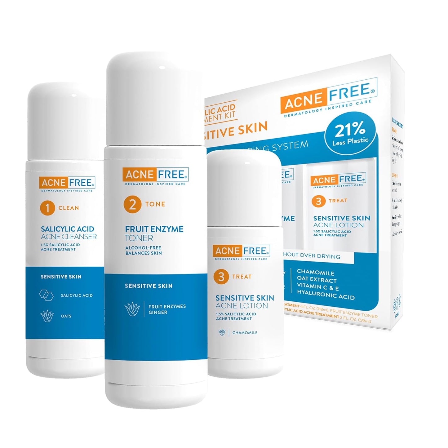 AcneFree 24Hr Acne Clearing System - 3-Step Kit with 1.5% Salicylic Acid for Sensitive Skin