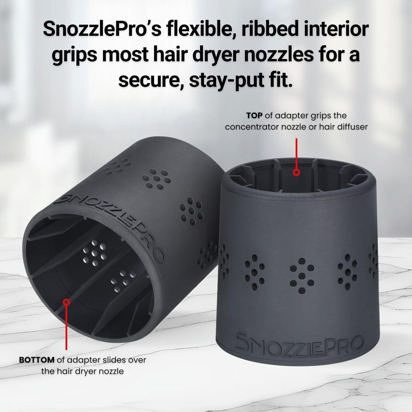 SnozzlePro Universal Hair Dryer Attachment - Patented No-Slip Adapter for 1.5” to 2.25” Nozzles