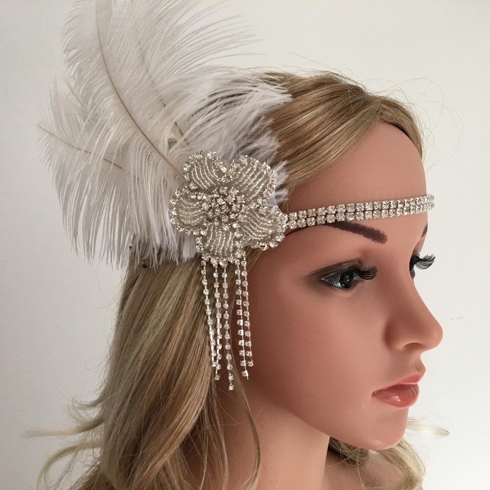 Song Qing 1920s Rhinestone Flapper Feather Headpiece Roaring 20s Great Gatsby Fascinators Accessories for Women