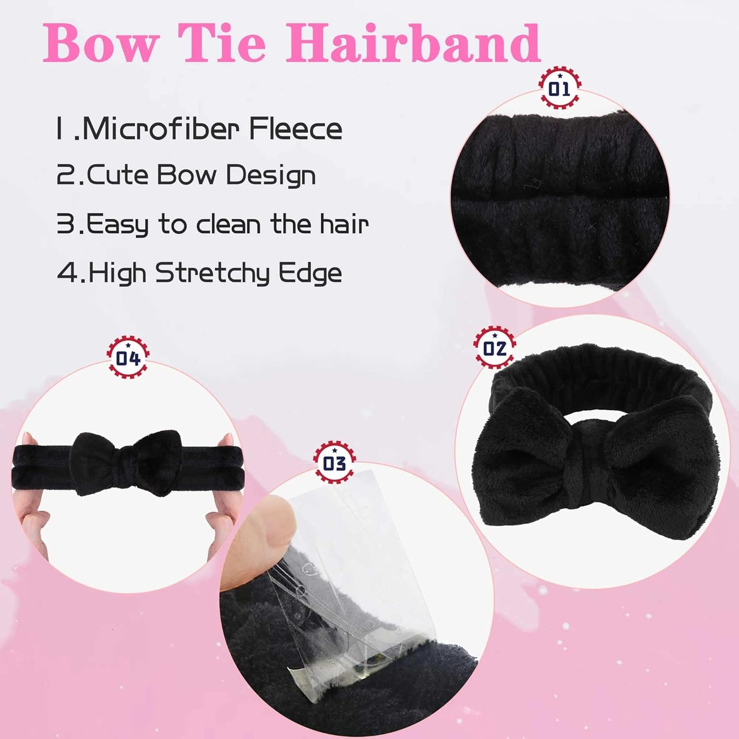 WSYUB Makeup Headband Set - Fluffy Black Spa Headband & 2 Absorbent Wristbands for Skin Care