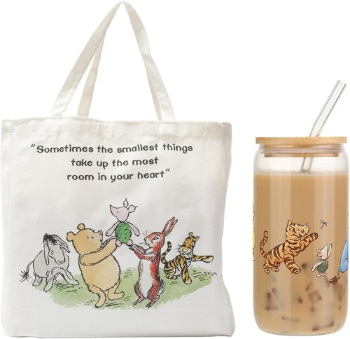 Pooh Bear Inspirational Canvas Tote Bag & 16oz Iced Glass Cup Gift Set for Friends