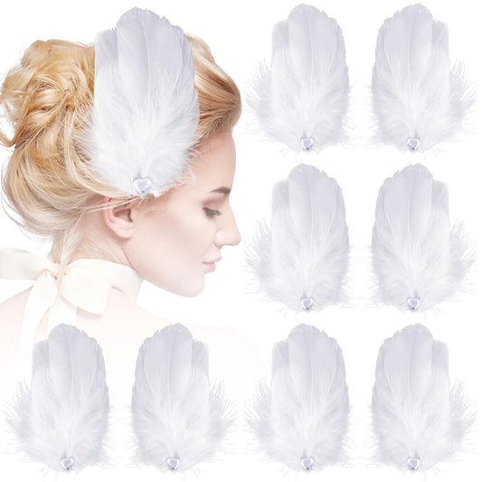 ANCIRS 8 Pack Feather Hair Clips for Women, Fly-Wing Shape Hair Barrettes Accessory Hairpins 1920s Flapper Headpiece Hair Piece for Swan Lake Cosplay Show Dancing Party Halloween Costume- White