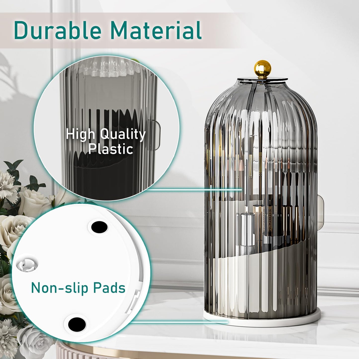 GAXmi Makeup Brush Holder with Lid Cosmetic Tools Organizer 360 Rotating Waterproof Dustproof Makeup Brushes Storage for Vanity, Grey