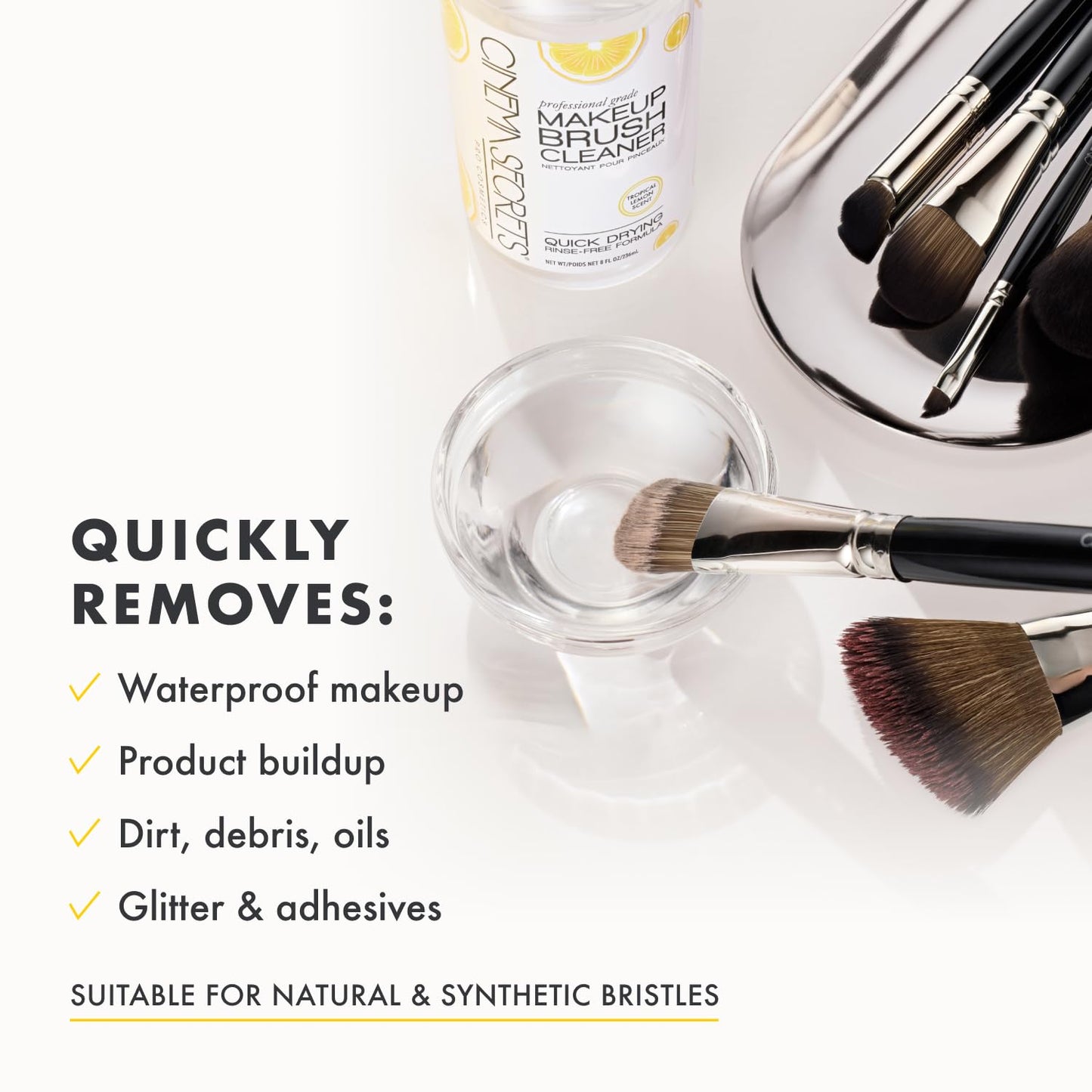 Cinema Secrets Makeup Brush Cleaner Spray - Quick-Drying, Rinse-Free Formula - Removes Waterproof Makeup - Lemon (2 fl oz)