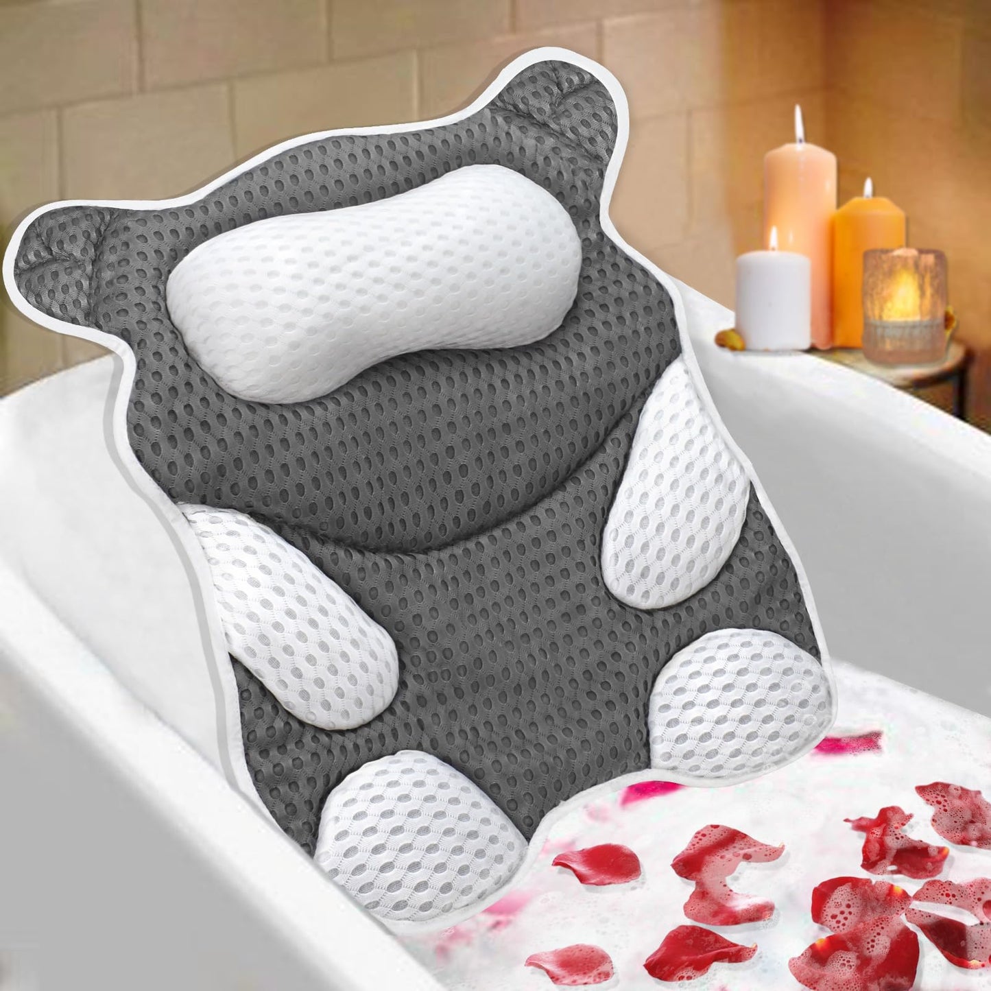 ZYIDBNG Ergonomic Bear Shape Bath Pillow for Head and Neck, SPA Gift for Women, Machine Washable Bathtub Pillow 4D Air-Mesh with 8 Suction Cups Gray