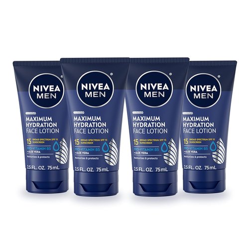 NIVEA MEN Maximum Hydration Face Lotion - SPF 15 Sunscreen for Men | 4 Pack of 2.5 Fl Oz Tubes