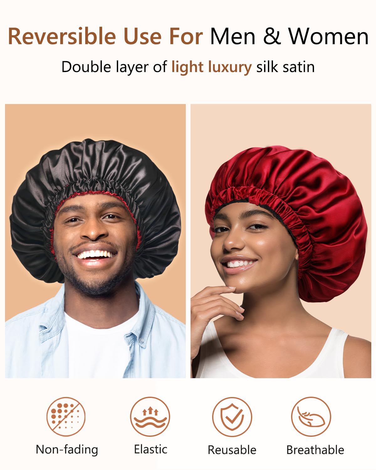 mikimini Satin Bonnet for Men and Women, Reversible Double Layer Sleeping Bonnet for Hair Braids with Anti-slip Adjustable Elastic Band Super Soft (XL, Black/Red)