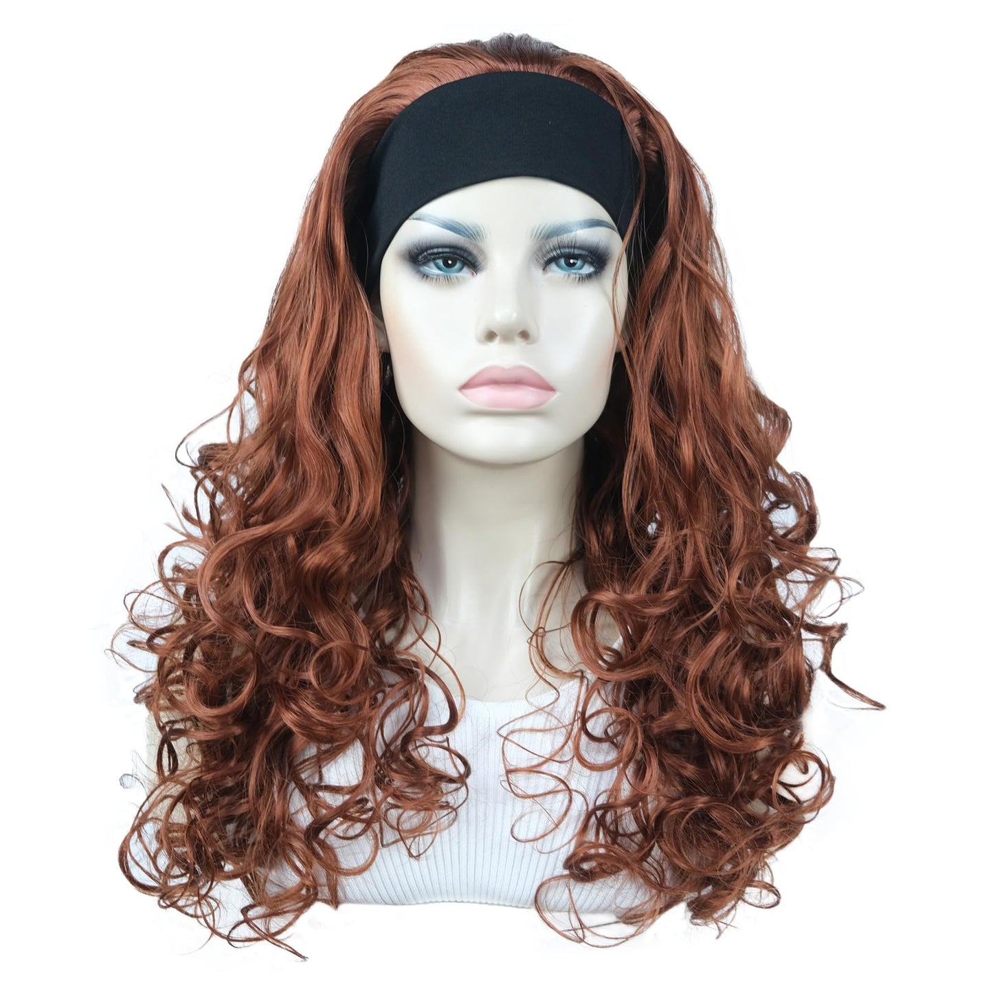 Aimole Long 22" Curly 3/4 Women Wigs With Headband Soft Layered Wig Heat Resisting Fiber Synthetic Hair (130 Copper Red)