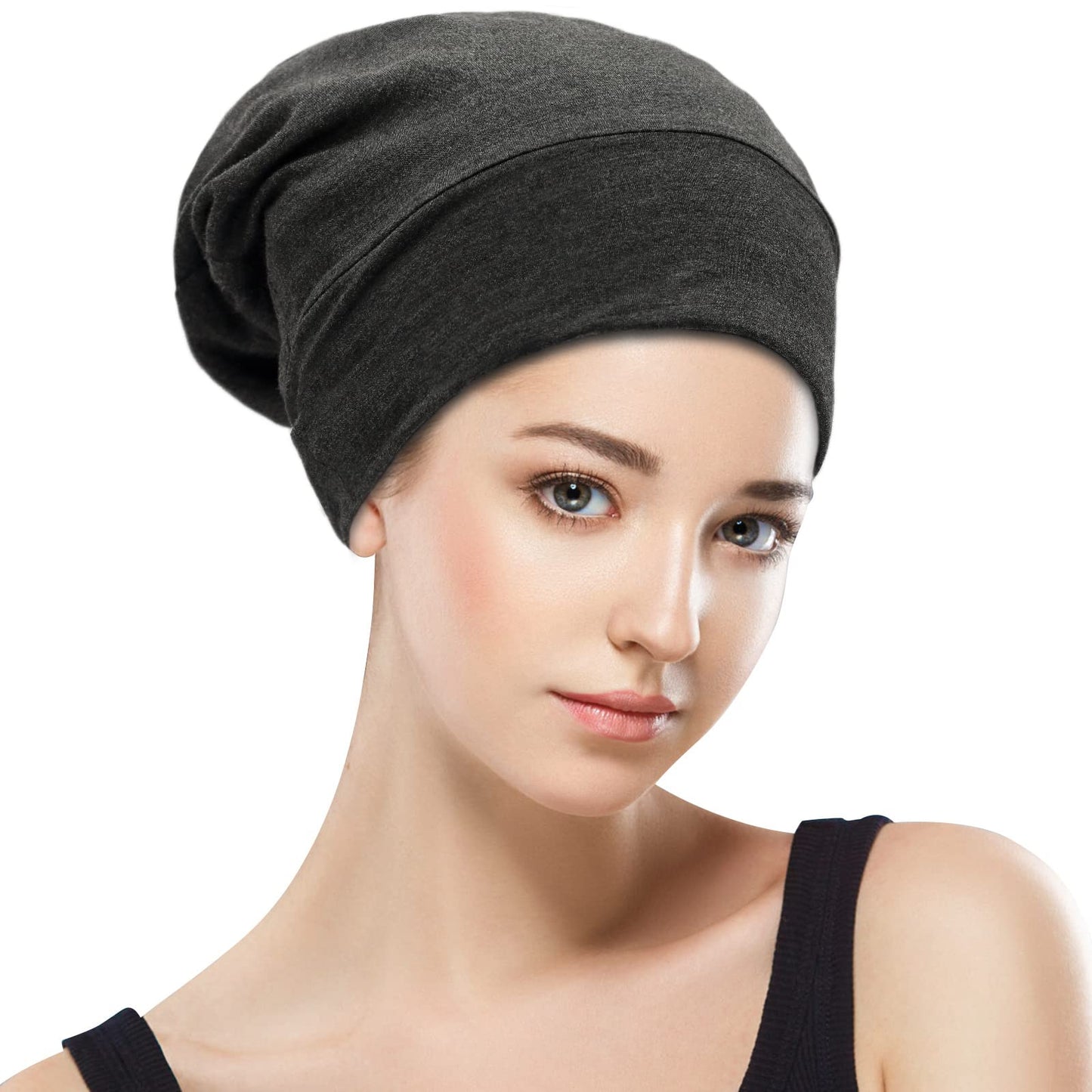 Silk Satin Lined Bonnet Sleep Cap - Adjustable Stay on All Night Hair Wrap Cover Slouchy Beanie for Curly Hair Protection for Women and Men - Solid Dark Grey