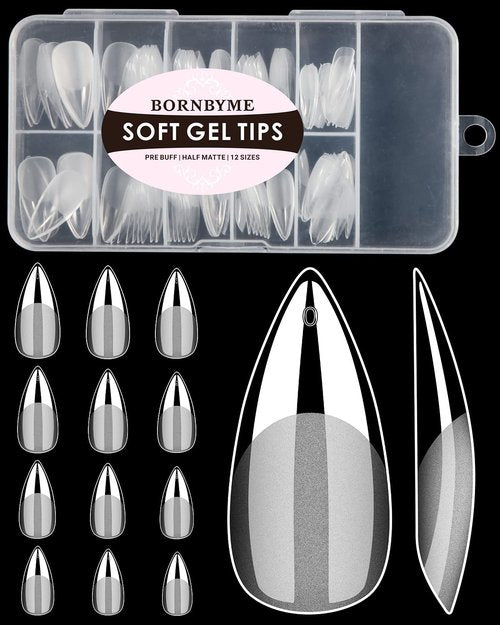 Soft Gel Nail Tips Medium Stiletto, 120PCS Pre Buff Full Cover Shaped Nail Extenison Tips Half Matte Gel Nail Tips BORNBYME