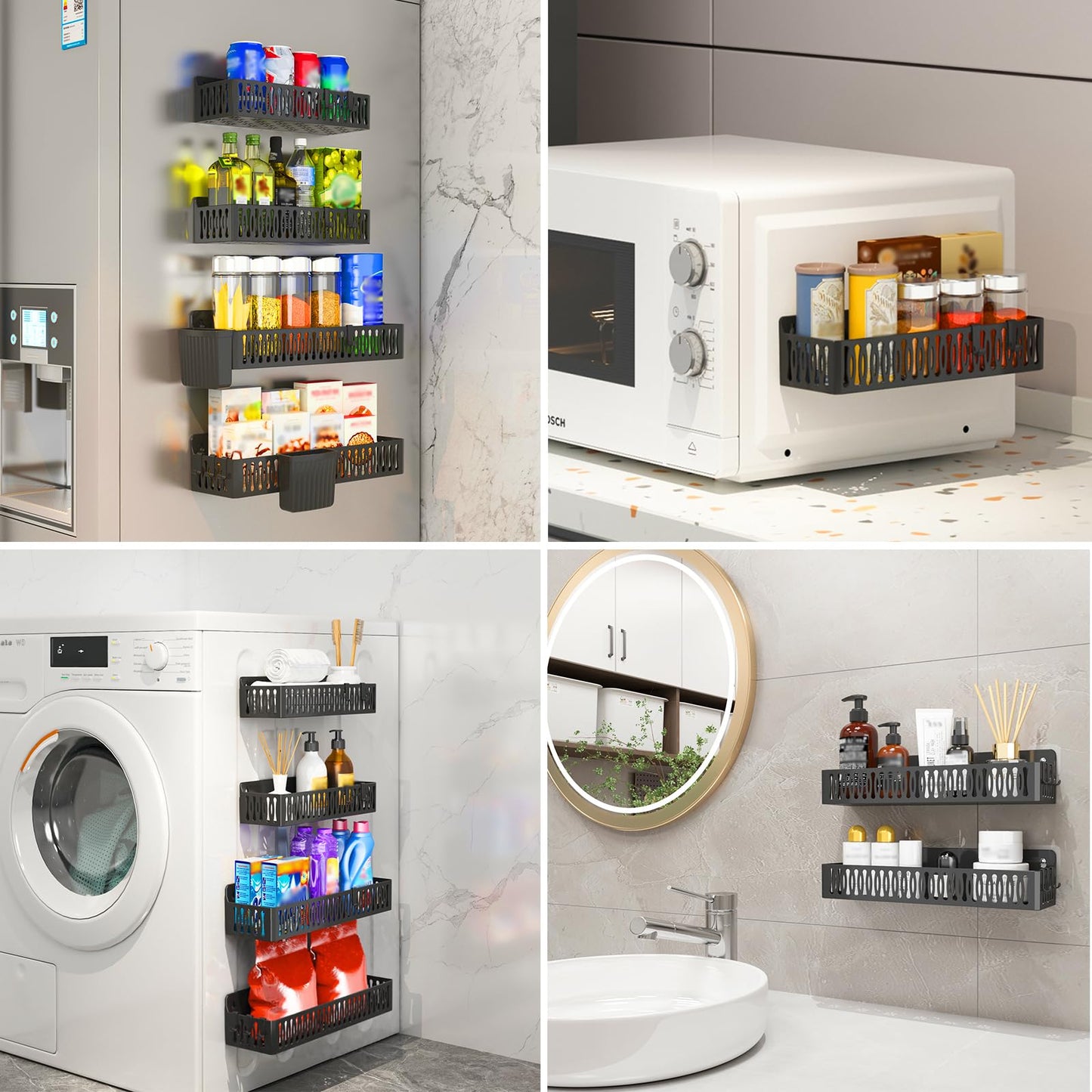 4 Pack Strong Magnetic Spice Rack for Refrigerator, Multipurpose Magnetic Shelf for Fridge with 4 Hooks for kitchen and Bathroom Organization, Black