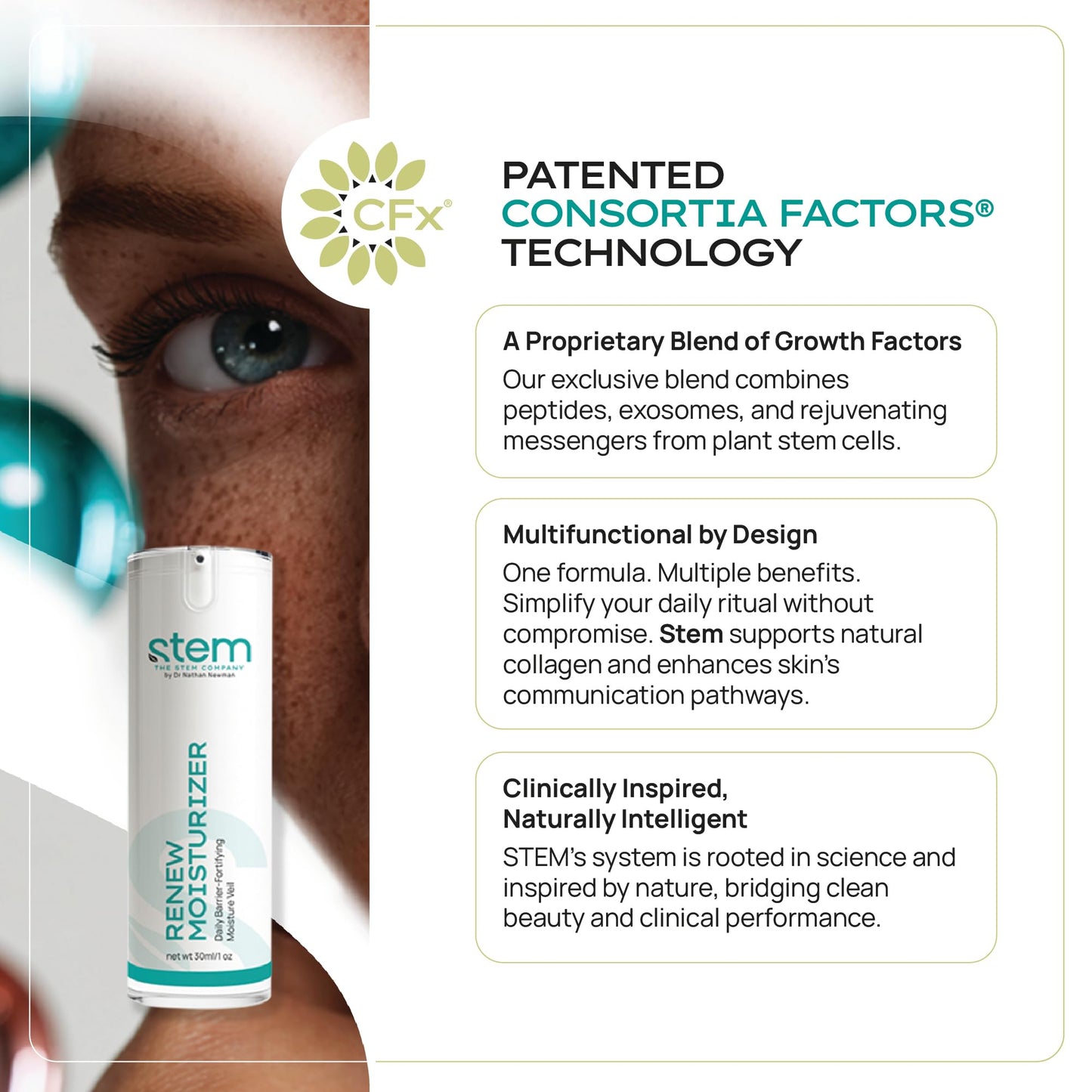 STEM Natural Intelligence ReNew Cream, Daily Face Moisturizer Cream, Luxury Facial Moisturizer for Women and Men, Premium Facial Skin Care Products with Antioxidants, Neck and Face Cream, 1 oz