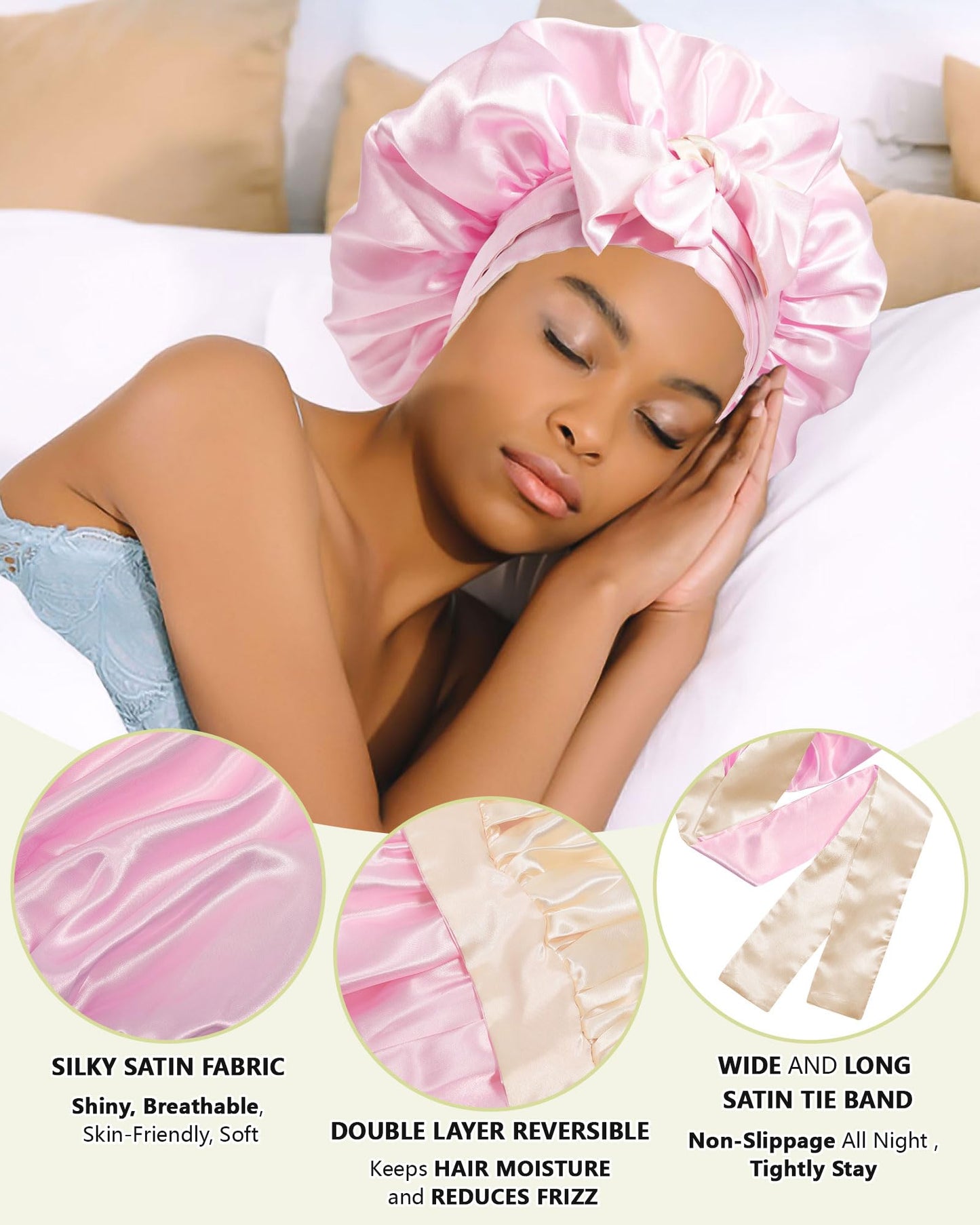 Satin Bonnet Silk Hair Bonnets for Women Curly Hair Wrap for Sleeping Cap Reversible Bonnet with Tie Band Night Cap Double Layer Sleep Cap for Curly Hair (Champagne +Pink)