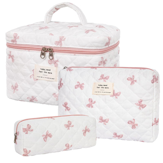 honitty Makeup Bag,Quilted Cosmetic Bag,Large Floral Make Up Bag for Women,Cotton Makeup Bag Set,Flower Travel Toiletry Bag