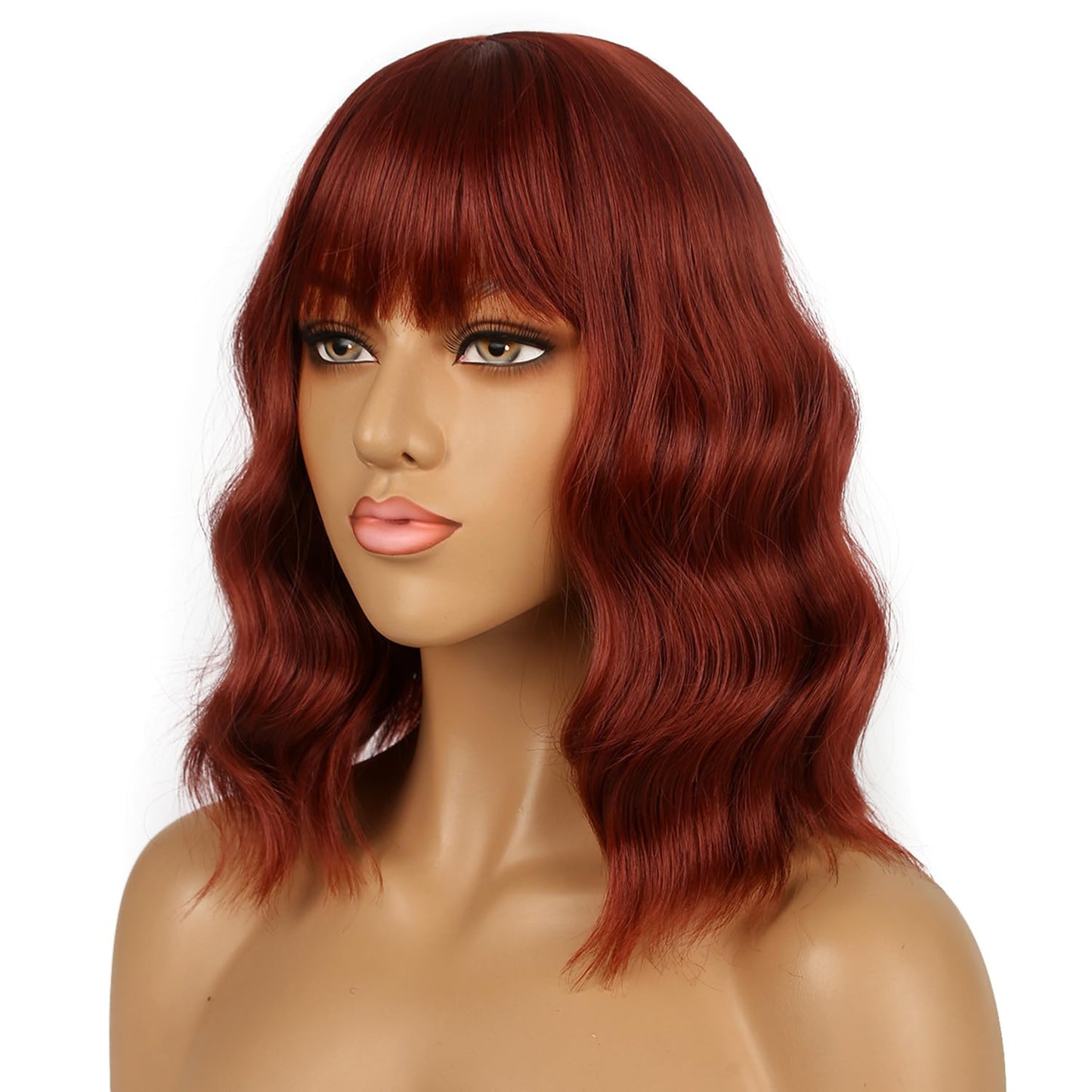 LANCAINI Short Bob Wigs with Bangs for Women Loose Wavy Wig Curly Wavy Shoulder Length Bob Synthetic Cosplay Wig for Girl Colorful Costume Wigs (Auburn)