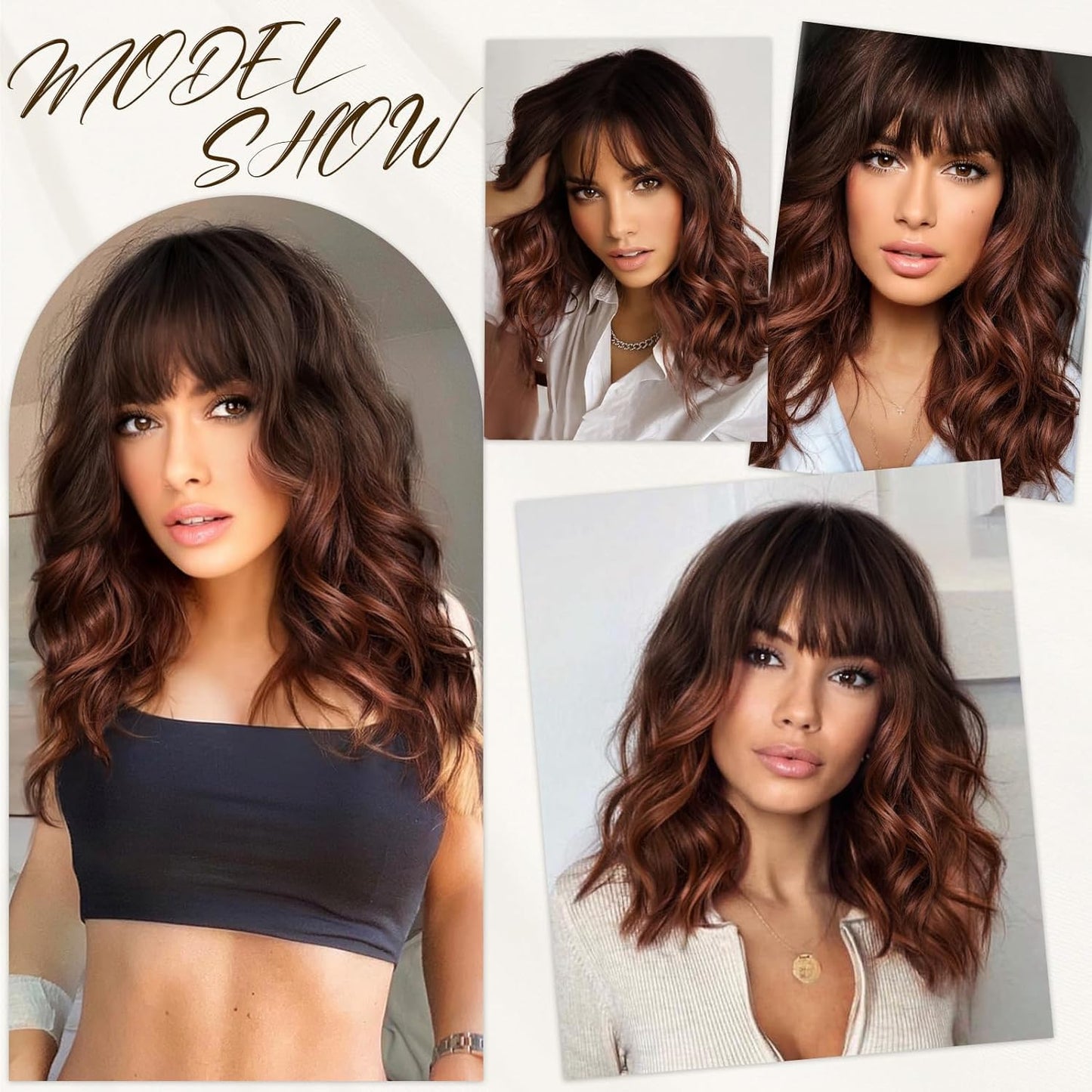Nnzes Ombre Auburn Wig with Bangs for Women Shoulder Length Brown Bob Wavy Charming Synthetic Wigs with Natural Curly Heat Resistant Hair for Daily Party Use