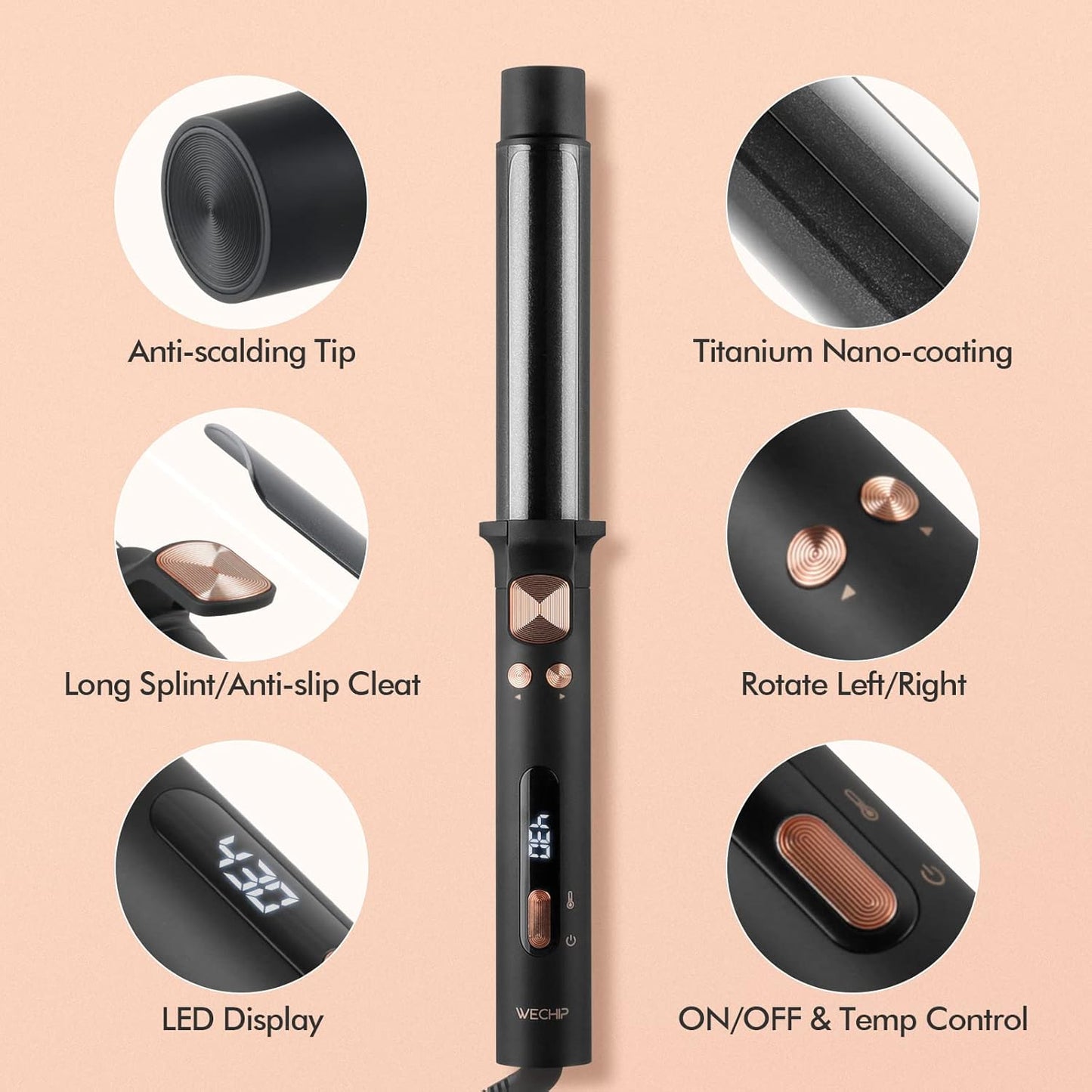 WeChip Automatic Curling Iron - 1.25 Inch Tourmaline Ceramic Curling Wand for All Hair Types | 5 Heat Settings Up to 430°F