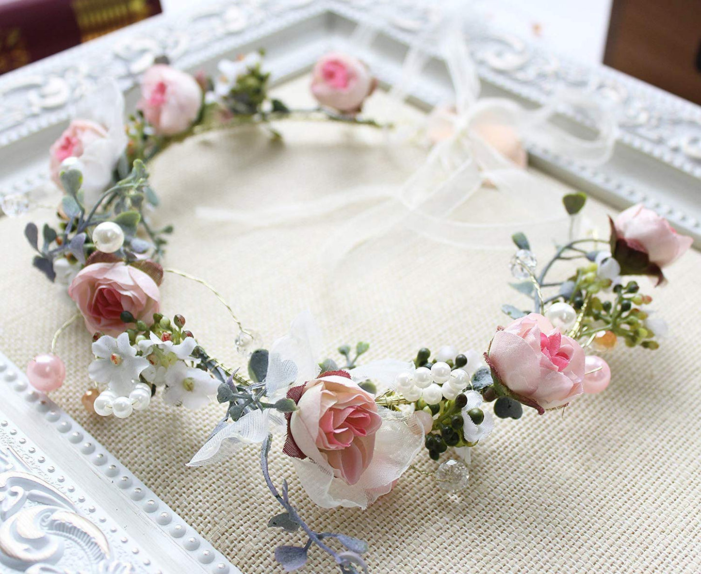 YnimioAOX Handmade Adjustable Flower Wreath Headband Halo Floral Crown Garland Headpiece,C15-light pink