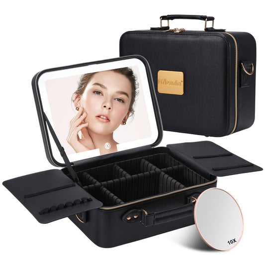 Mocado Travel Makeup Bag with LED Lighted Mirror,Makeup Case with 3 Color Lighted Setting and 10x Magnifying Mirror, Portable Storage and Adjustable Dividers (Black with Hard Leather)