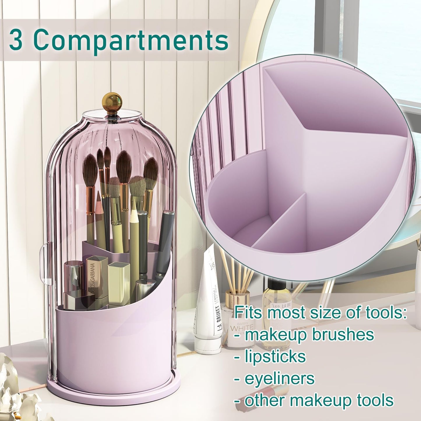 GAXmi Makeup Brush Holder with Lid Cosmetic Tools Organizer 360 Rotating Waterproof Dustproof Beauty Brushes Storage for Vanity, Pink-Purple