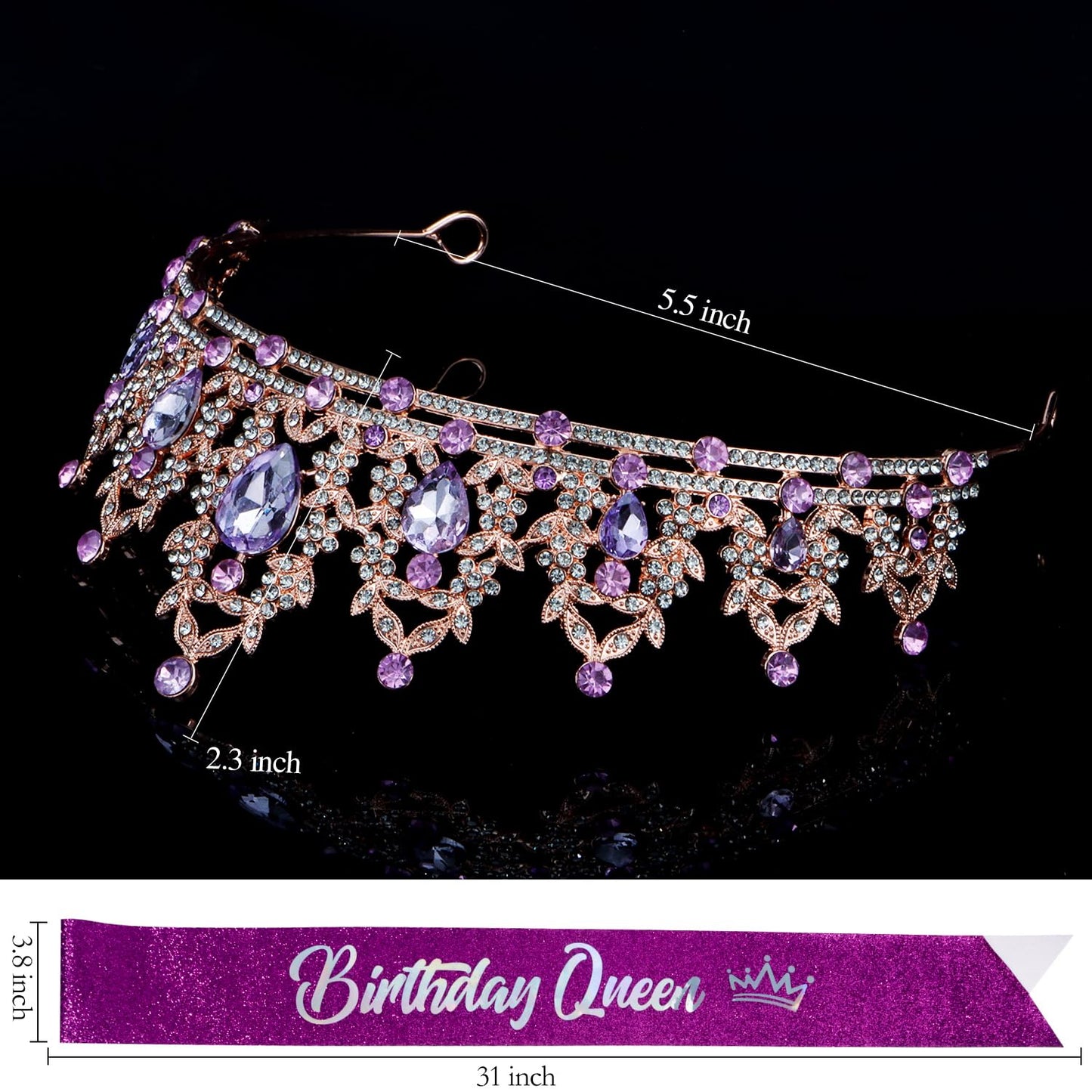 Atoden Birthday Crown and Birthday Queen Sash Purple Tiara Birthday Girl Crystal Crown for Women Princess Birthday Party Decorations Rhinestone Happy Birthday Accessories for Party Birthday Gifts