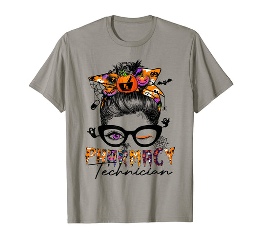 Halloween Pharmacy Tech Costume Messy Bun Hair Woman T-Shirt