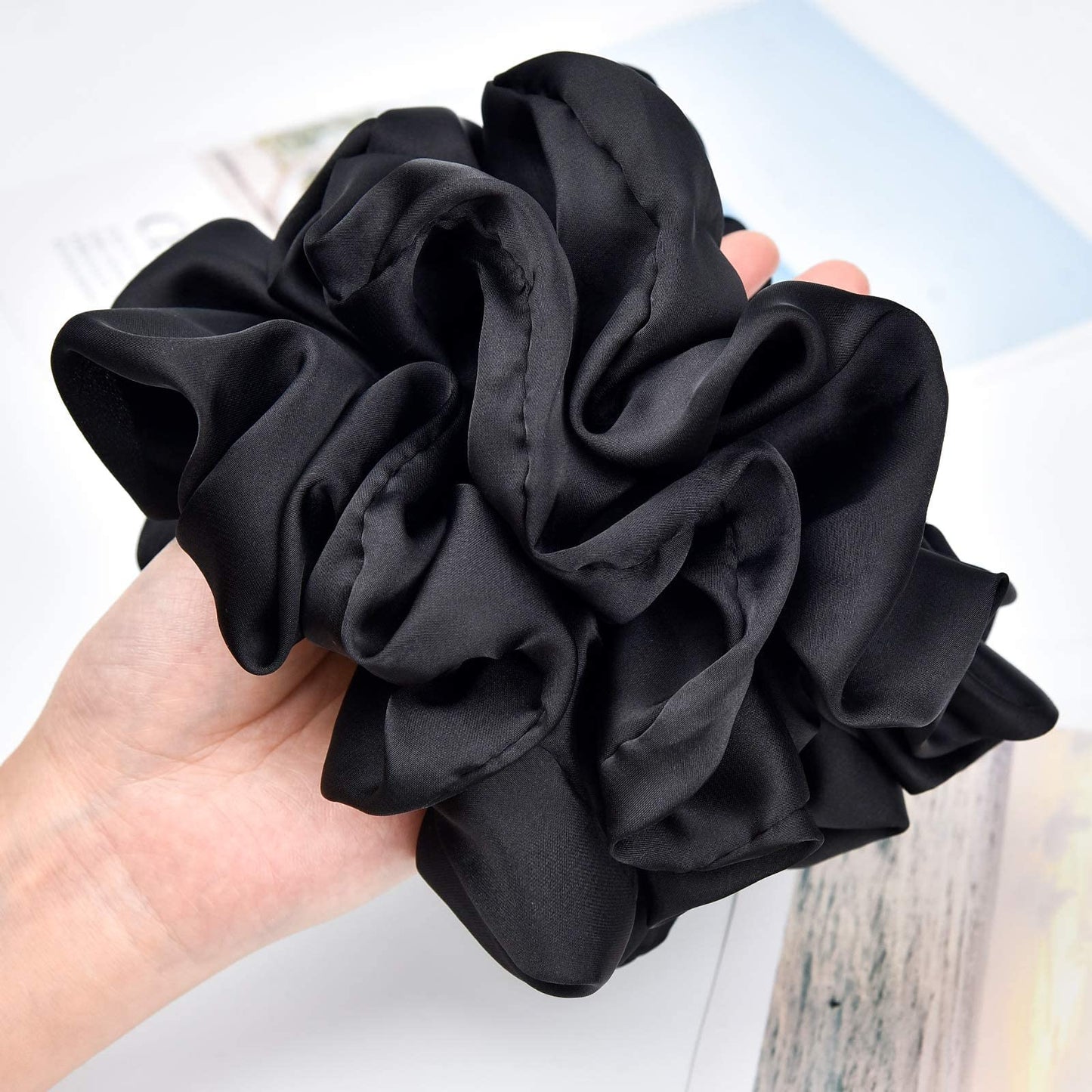 CEELGON Black Big Scrunchies for Women 6.3Inches Large Scrunchie Satin Oversized Silk Thick Elastic Hair Ties Jumbo Hair Scrunchies 6 Pack (Black)