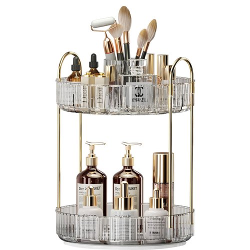 360° Rotating Makeup Organizer, Large-Capacity Skincare Make Up Storage 2 Tier Perfume Organizers Cosmetic Dresser Organizer with Makeup Brush Holder, Fits Bedroom, Bathroom, Vanity Shelf Countertop