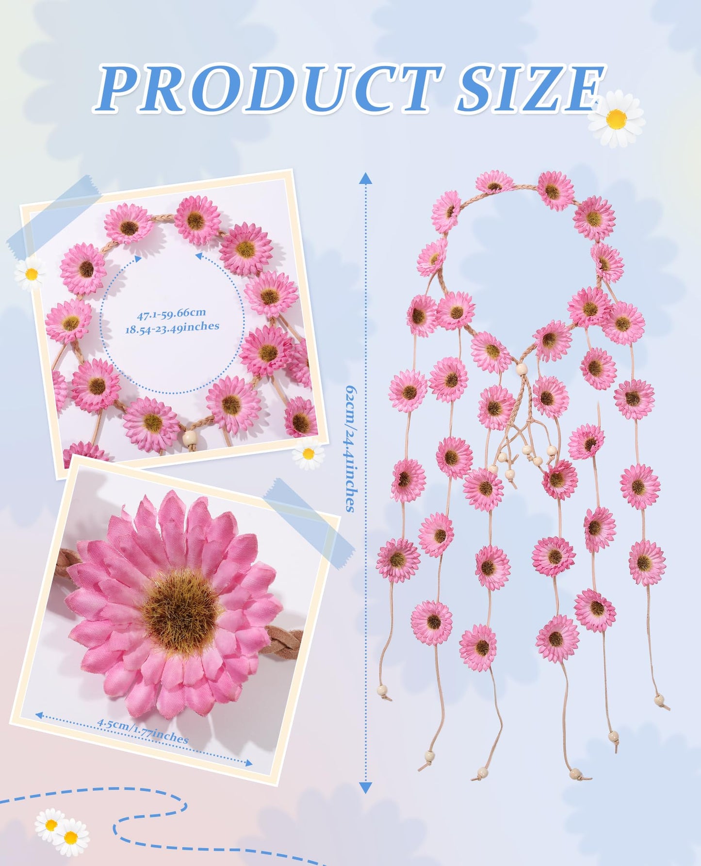 CHLINS Hippie Headband Flower Crown Bohemian Sunflower Headband Flower Headpiece Hippie Costume 60s 70s Outfits for Women (Pink)