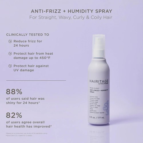 Hairitage Frizz Free + Anti-Humidity Heat Protectant Anti-Frizz Hair Treatment Spray, Hair Thermal Blowout Primer for Shine, Blow Dry Support Styling Mist, 6oz
