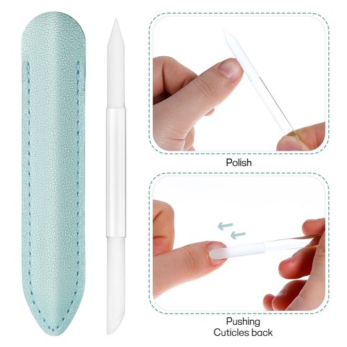 2Pcs Glass Cuticle Pusher with Leather Case, Dual Ended Cuticle Remover Tool Professional Manicure Stick Fingertip Precision Filing Cuticle Remover Tools for Nail Salons Home (Clear, Pink, Green)