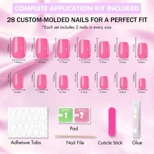 JOYVVEW Baby Pink Press On Nails Medium Square, Bright Pink Short Fake Nails with Glue, Neutral Glossy Coffin Stick Glue on Nails for Women, Reusable UV Finish Acrylic False Nail Set, 28 Pcs