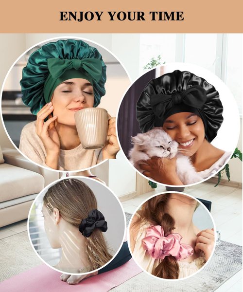 2+3 Large Satin Bonnets with Scrunchies for Women, Hair Bonnet Sleeping Tie Bonnet for Braids Curly Hair, D