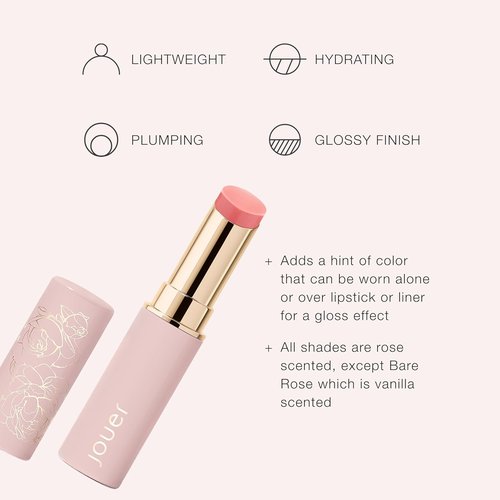 Jouer Essential Lip Enhancer Shine Balm - Tinted Moisturizing Lip Balm with Jojoba Oil - Bare Rose Color for Plump, Nourished Lips
