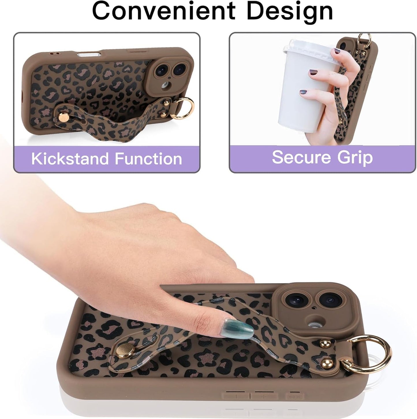 Skiennix iPhone 16 Case - Cute Brown Leopard Design with Finger Strap & Kickstand, Durable Silicone Cover