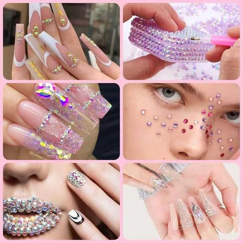 5 Boxes 13200pcs Sparkling Crystal Nail Rhinestones Pearls Kit, Flatback Multicolor Transparent Jelly AB Mermaid Gems with Pick Up Pen and Curved Tweezers for Manicure Salon & Craft DIY Designs (2mm)